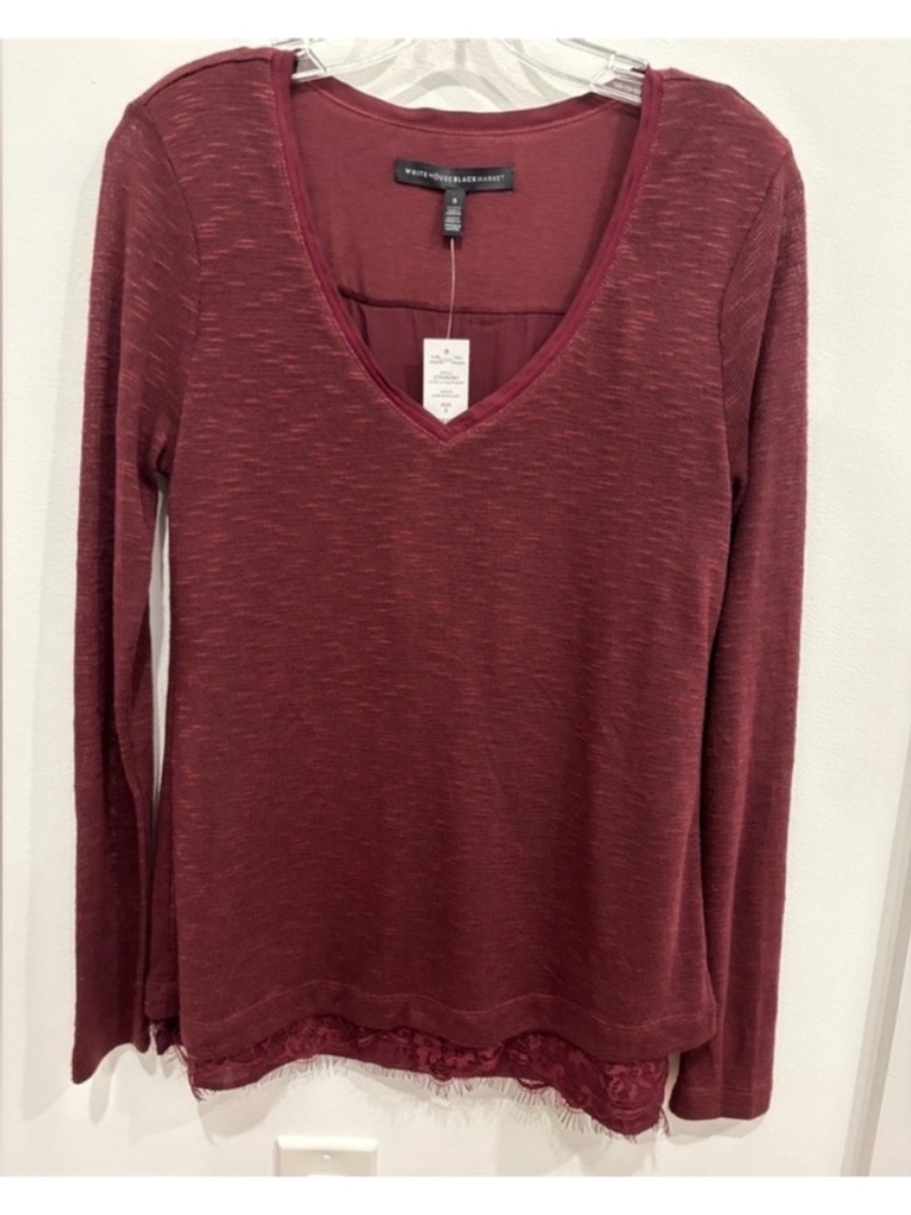 White House Black Market NEW Split Back Lace Long Sleeve Top Burgundy Womens S